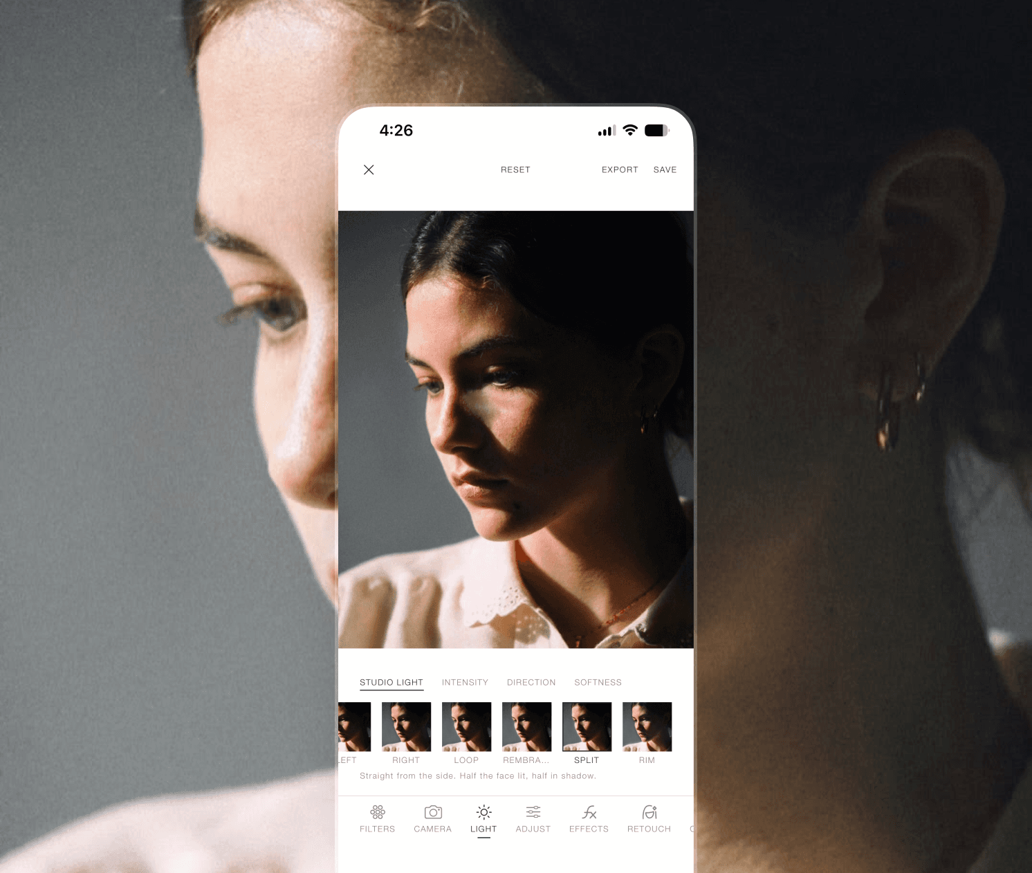 A portrait relit with an Orene studio lighting template