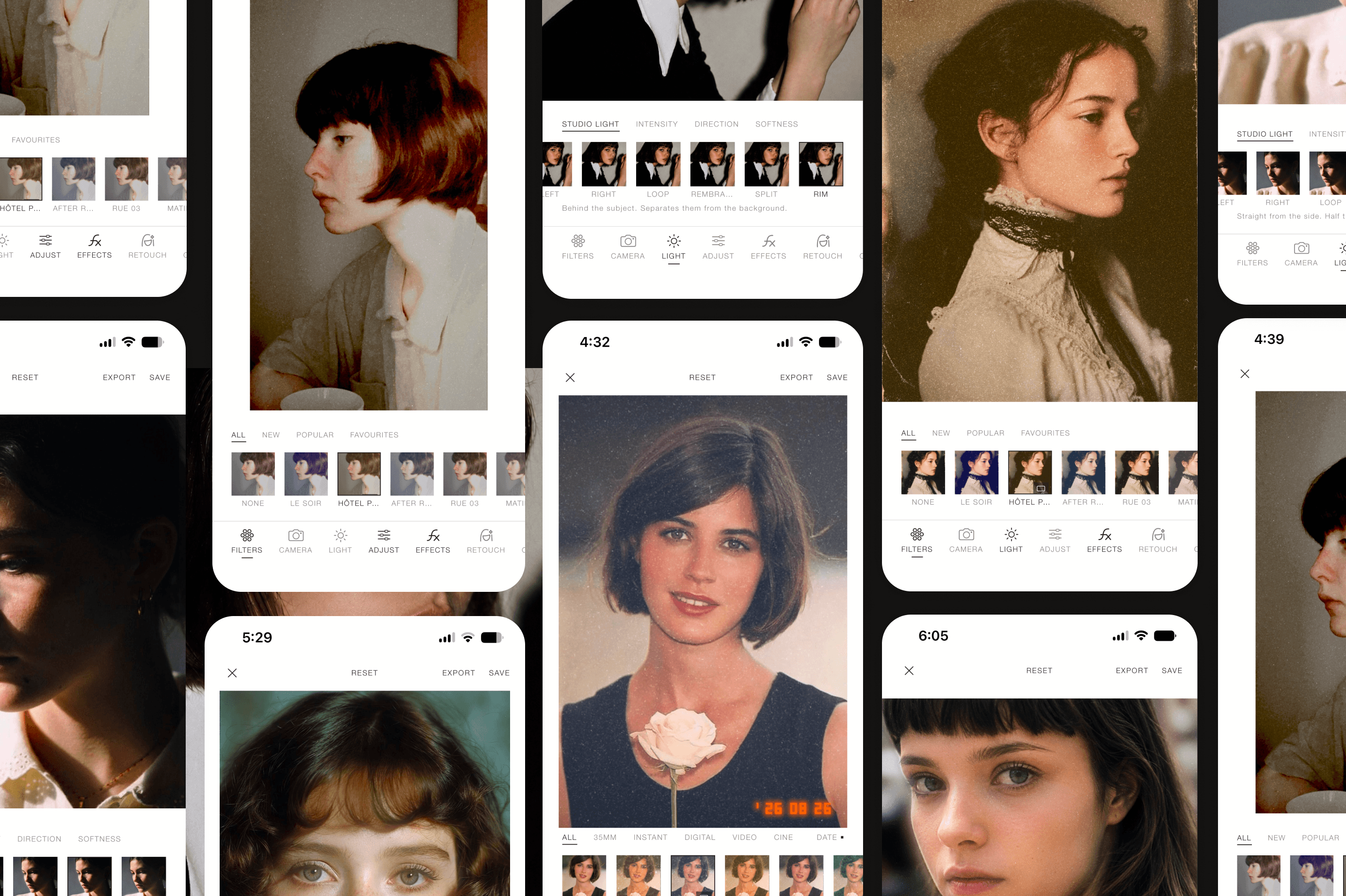 A collage of Orene editing screens on iPhone
